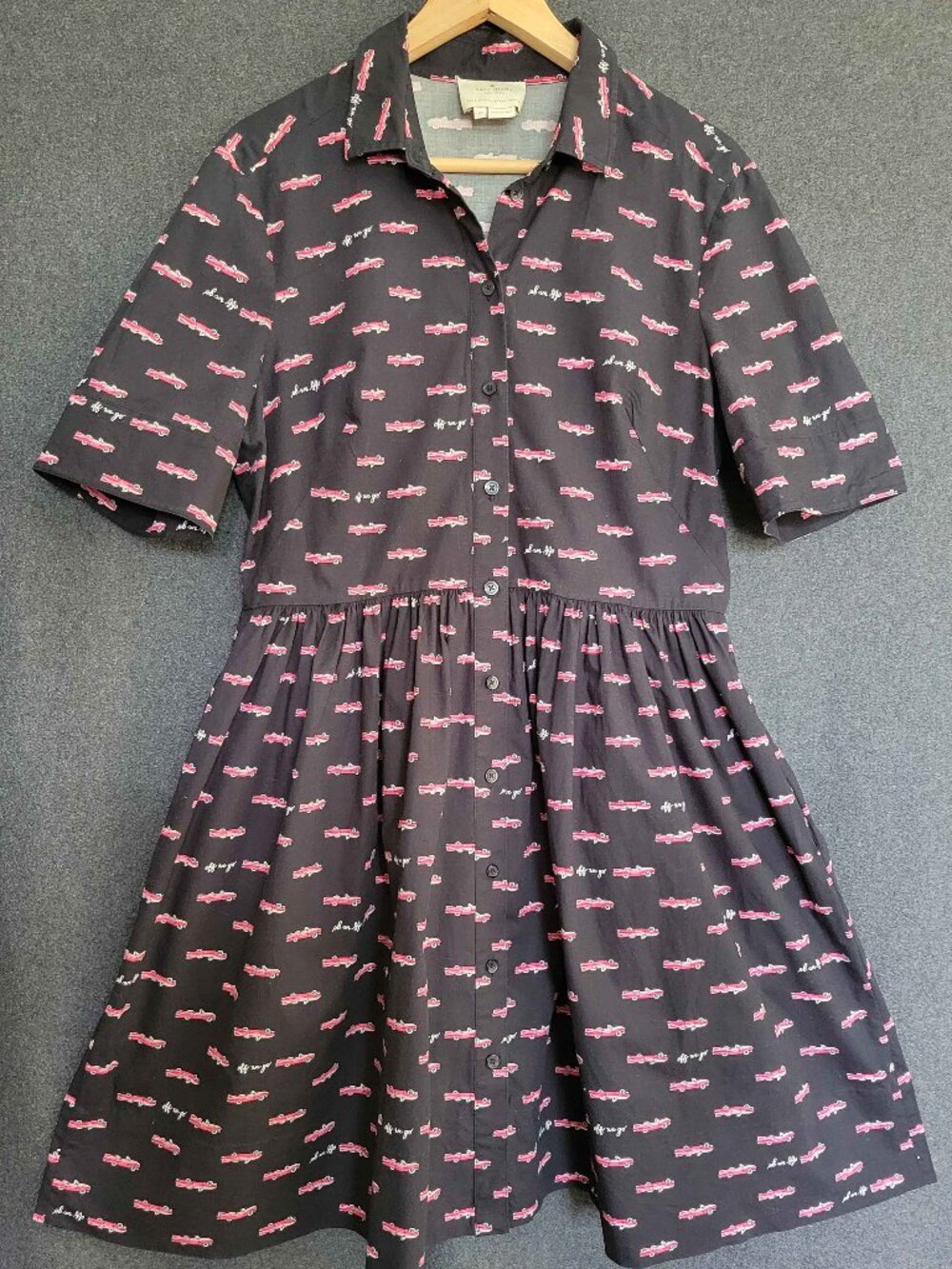 Kate Spade NY Pink Cadillac Car Poplin Shirt Dress Retro Rockability Novelty 12